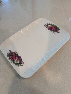 Vintage White Floral Porcelain Serving Tray with Pink and Purple Roses